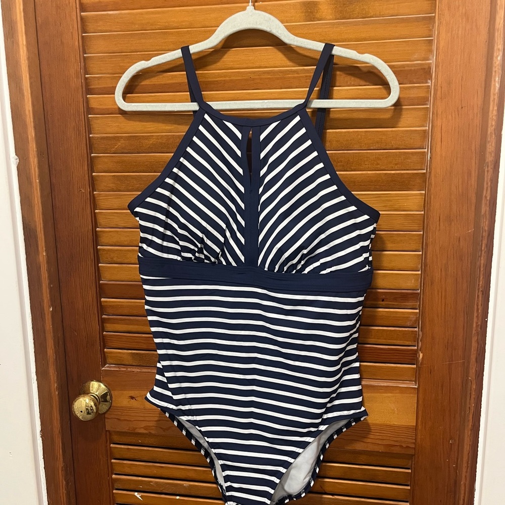 Lands End Navy & White Striped High-Neck One-Piece Swimsuit